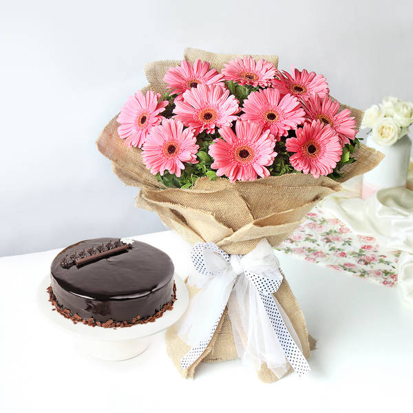 Truffle Delight Cake With Pink Gerberas Bouquet