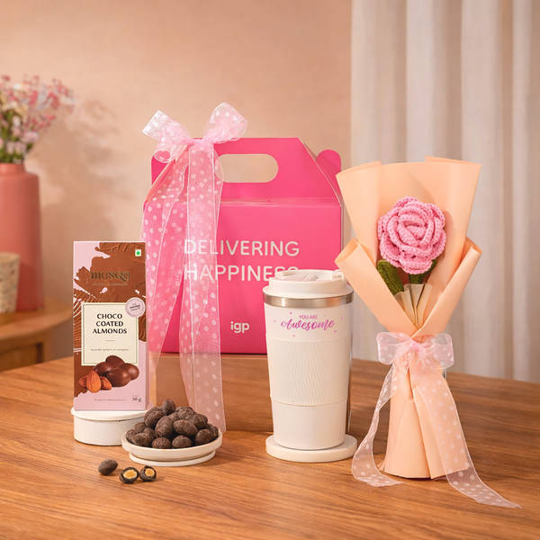 Tumbler, Rose & Choco Almonds Combo for Women's Day