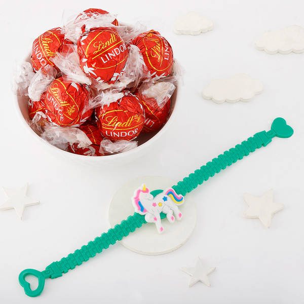 Unicorn Applique Kids Rakhi And Chocolate Combo