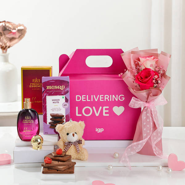 Valentine Gift Hamper with Roses, Perfume & Chocolate