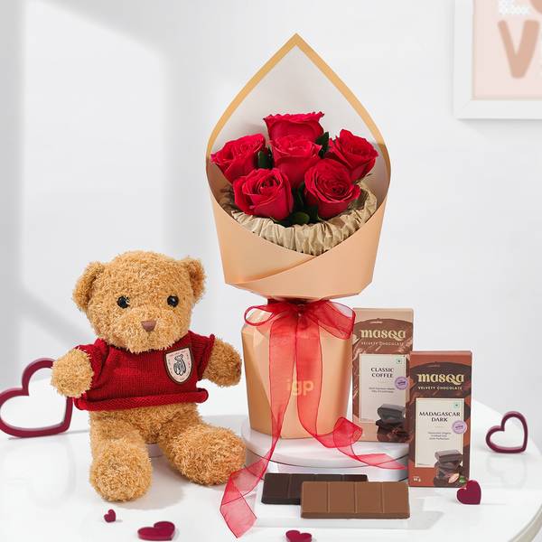 Valentine's Day Heartfelt Hamper - Teddy, Roses And Chocolates