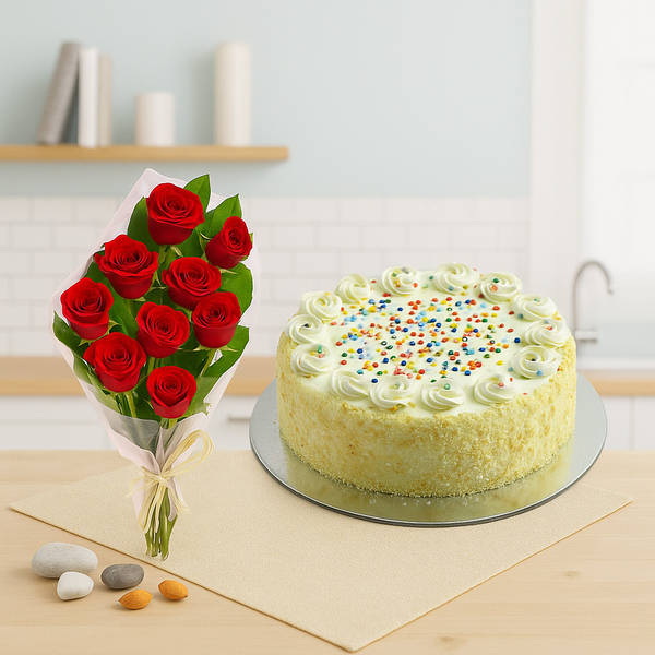 Vanilla Cake with 12 Red Roses