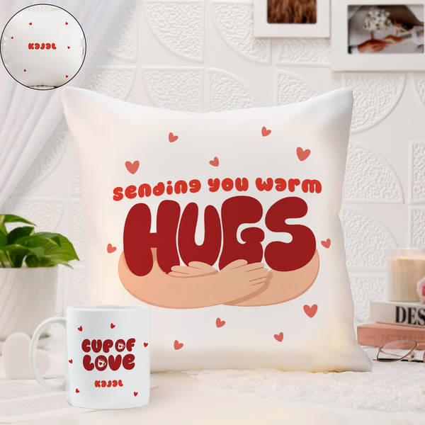 Warm Hugs Personalized Cushion And Mug Duo For Valentine's Day